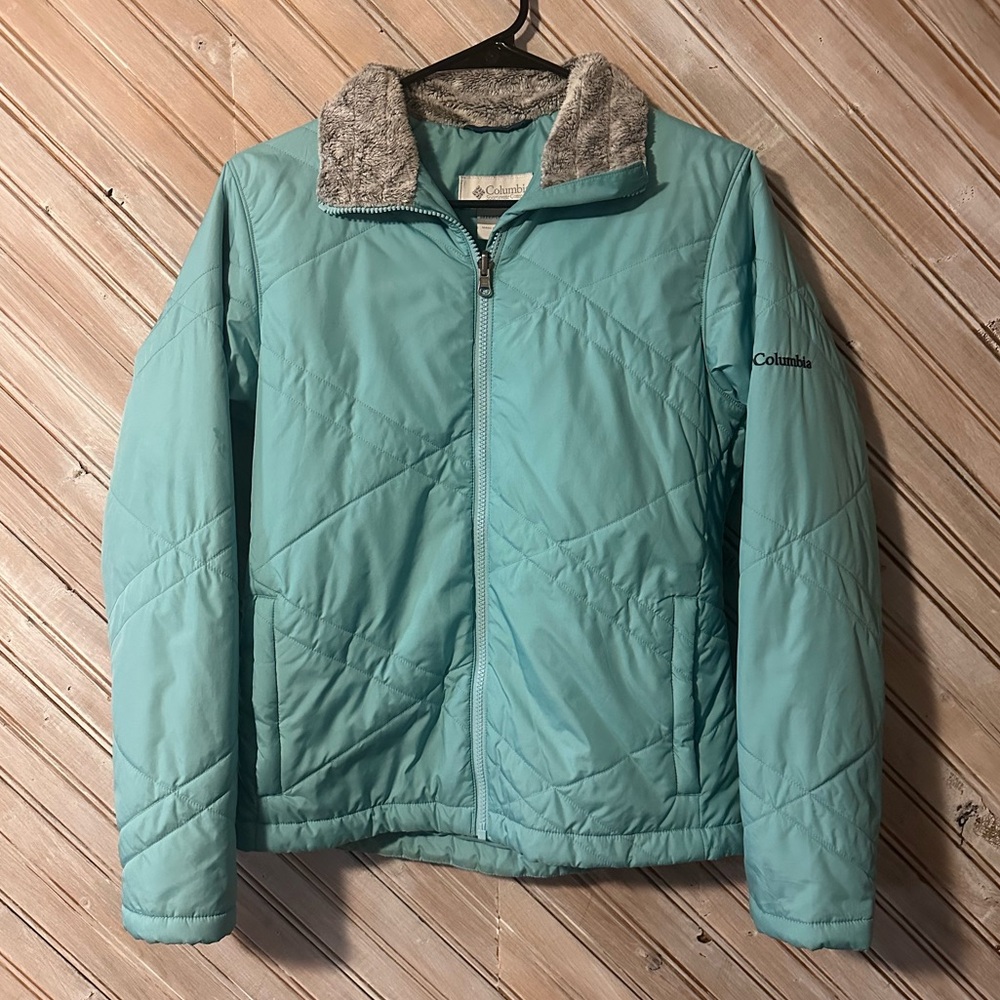 Columbia Interchange Aqua Quilted Puffer Jacket Gray Faux Fur Collar